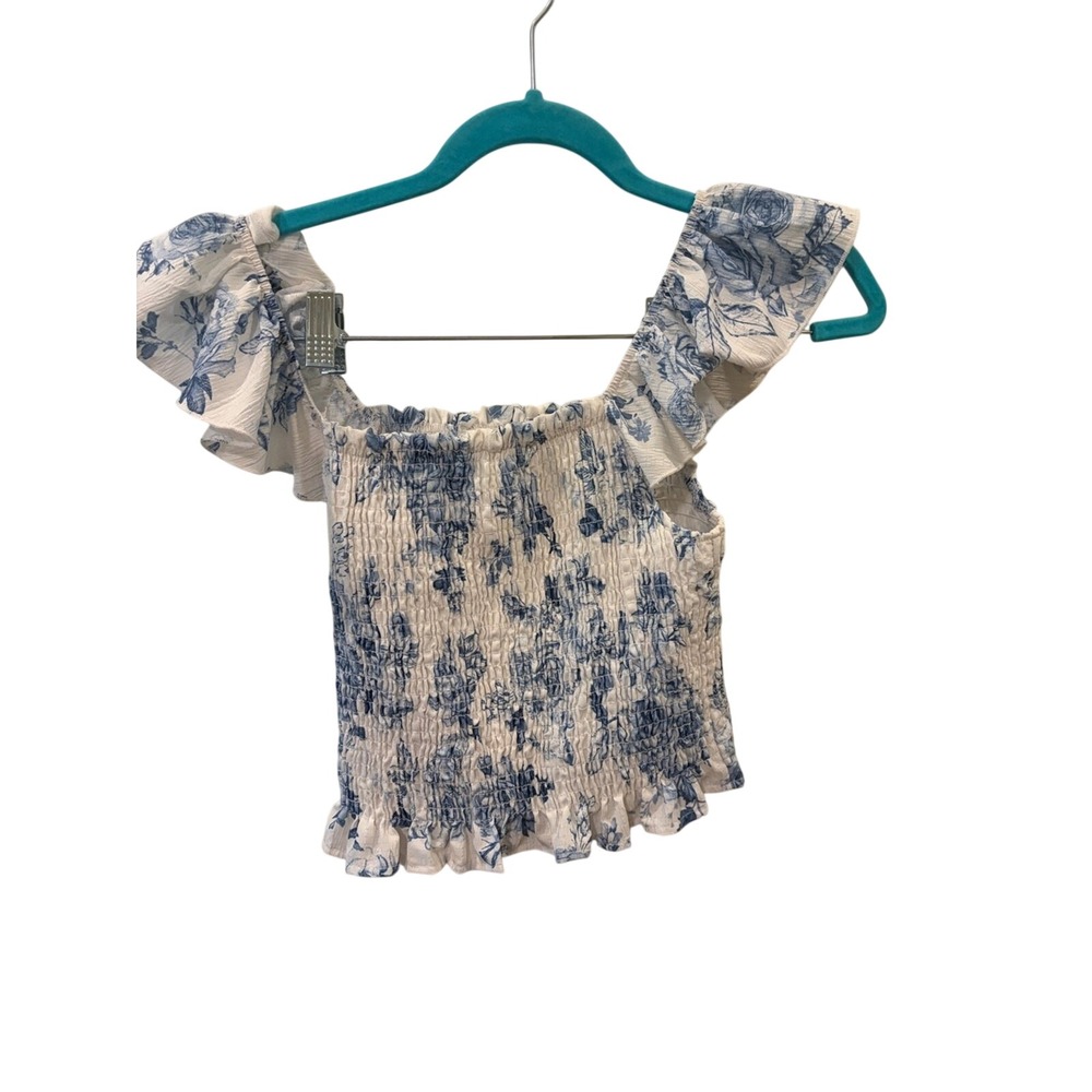 Altar'd State Blue White Floral Smocked Crop Top Ruffle Sleeve Toile Medium‎